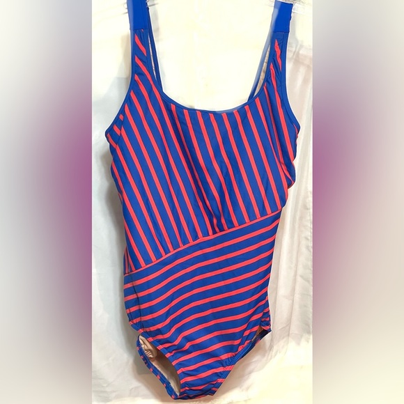 Lands and royal blue and red striped, one piece, swimsuit, built-in bra, size 12 - Picture 1 of 6
